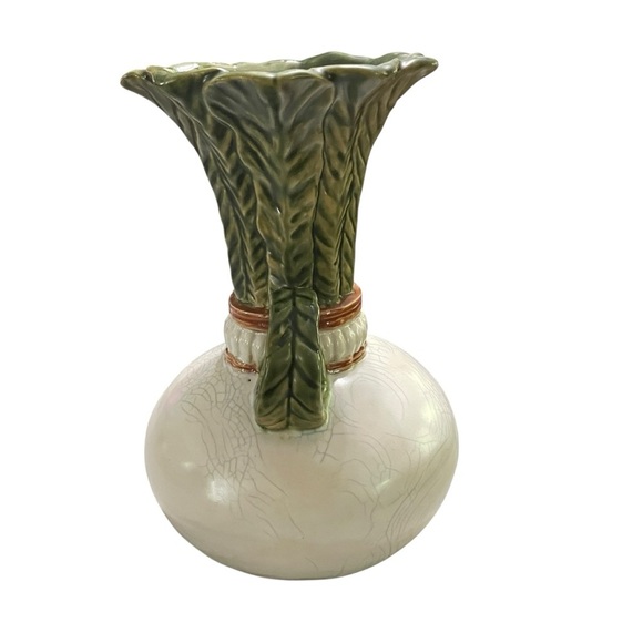 VTG Turnip Shape Ceramic Vases Raku Majolica Leaf Handles - Picture 3 of 12